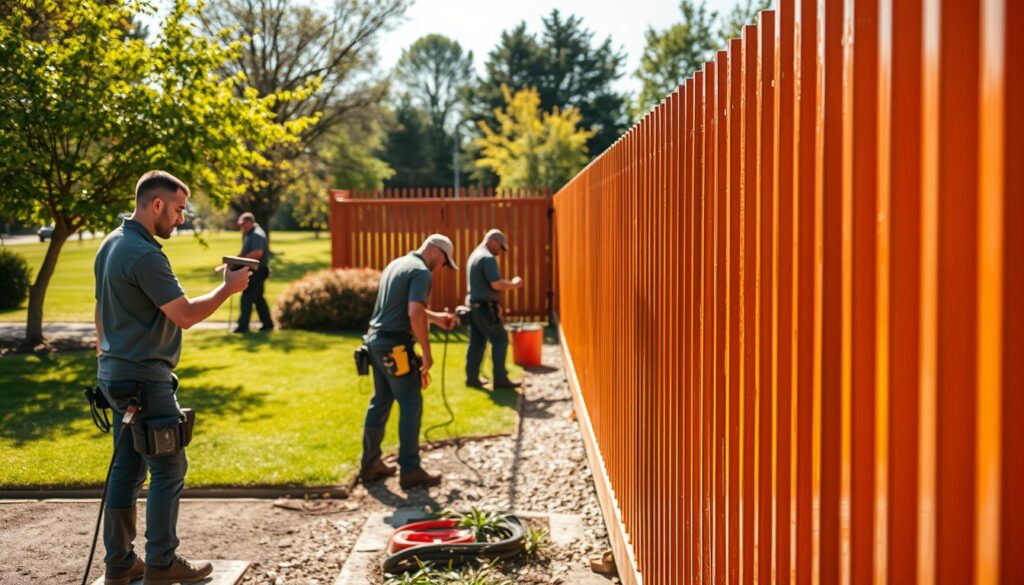 A professional palisade fence painting service crew works diligently in a sun-dappled outdoor scene. In the foreground, a team member carefully applies a fresh coat of high-quality, weather-resistant paint to the vertical metal bars, while another sands down a section to prepare it for refinishing. In the middle ground, additional workers handle tasks like power washing, priming, and touch-ups, ensuring a seamless, consistent finish across the entire fence. The background features a well-maintained, lush green lawn and trees, conveying a sense of natural harmony. The lighting is warm and natural, casting long shadows and highlighting the intricate details of the palisade fence. An air of focused professionalism and attention to detail permeates the scene. A professional palisade fence painting service crew works diligently in a sun-dappled outdoor scene. In the foreground, a team member carefully applies a fresh coat of high-quality, weather-resistant paint to the vertical metal bars, while another sands down a section to prepare it for refinishing. In the middle ground, additional workers handle tasks like power washing, priming, and touch-ups, ensuring a seamless, consistent finish across the entire fence. The background features a well-maintained, lush green lawn and trees, conveying a sense of natural harmony. The lighting is warm and natural, casting long shadows and highlighting the intricate details of the palisade fence. An air of focused professionalism and attention to detail permeates the scene.