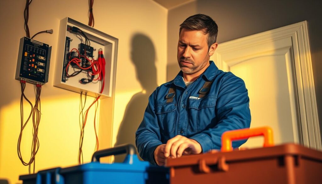 A residential electrician, clad in a blue jumpsuit, is carefully inspecting a domestic electrical panel, with a toolbox and wires in the foreground. The scene is bathed in warm, directional lighting, creating dramatic shadows that accentuate the electrician's focused expression. The background features a clean, modern interior, conveying a sense of professionalism and expertise. The overall atmosphere is one of precision, diligence, and the skilled execution of essential electrical work. A residential electrician, clad in a blue jumpsuit, is carefully inspecting a domestic electrical panel, with a toolbox and wires in the foreground. The scene is bathed in warm, directional lighting, creating dramatic shadows that accentuate the electrician's focused expression. The background features a clean, modern interior, conveying a sense of professionalism and expertise. The overall atmosphere is one of precision, diligence, and the skilled execution of essential electrical work.