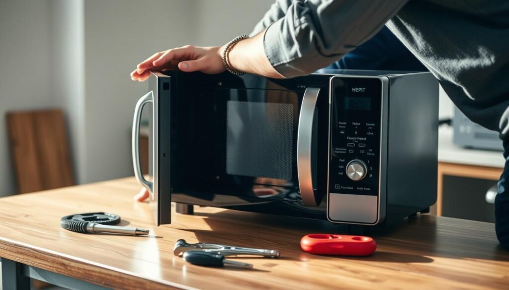 A service technician carefully reviewing a microwave unit on a wooden table, illuminated by soft, natural lighting. The microwave is positioned prominently, showcasing its features and condition. The technician's tools and equipment are neatly arranged, suggesting a professional and methodical approach to the repair process. The overall scene conveys a sense of expertise, attention to detail, and the importance of understanding the intricacies of microwave repair to provide accurate cost estimates for clients in the Gauteng region. A service technician carefully reviewing a microwave unit on a wooden table, illuminated by soft, natural lighting. The microwave is positioned prominently, showcasing its features and condition. The technician's tools and equipment are neatly arranged, suggesting a professional and methodical approach to the repair process. The overall scene conveys a sense of expertise, attention to detail, and the importance of understanding the intricacies of microwave repair to provide accurate cost estimates for clients in the Gauteng region.