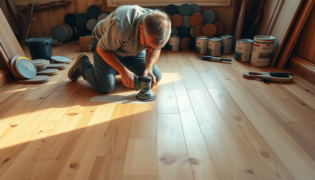 A skilled craftsperson kneels amidst a serene pine floor, intently sanding the surface with a powerful orbital sander. The floor is bathed in warm, golden light, highlighting the wood's natural grain and texture. In the background, a collection of sanding discs, varnish cans, and other refinishing tools are neatly arranged, signifying the meticulous attention to detail required for this process. The scene conveys a sense of focus and expertise, as the worker meticulously prepares the floor for a fresh application of protective varnish, restoring the pine's timeless beauty. A skilled craftsperson kneels amidst a serene pine floor, intently sanding the surface with a powerful orbital sander. The floor is bathed in warm, golden light, highlighting the wood's natural grain and texture. In the background, a collection of sanding discs, varnish cans, and other refinishing tools are neatly arranged, signifying the meticulous attention to detail required for this process. The scene conveys a sense of focus and expertise, as the worker meticulously prepares the floor for a fresh application of protective varnish, restoring the pine's timeless beauty.