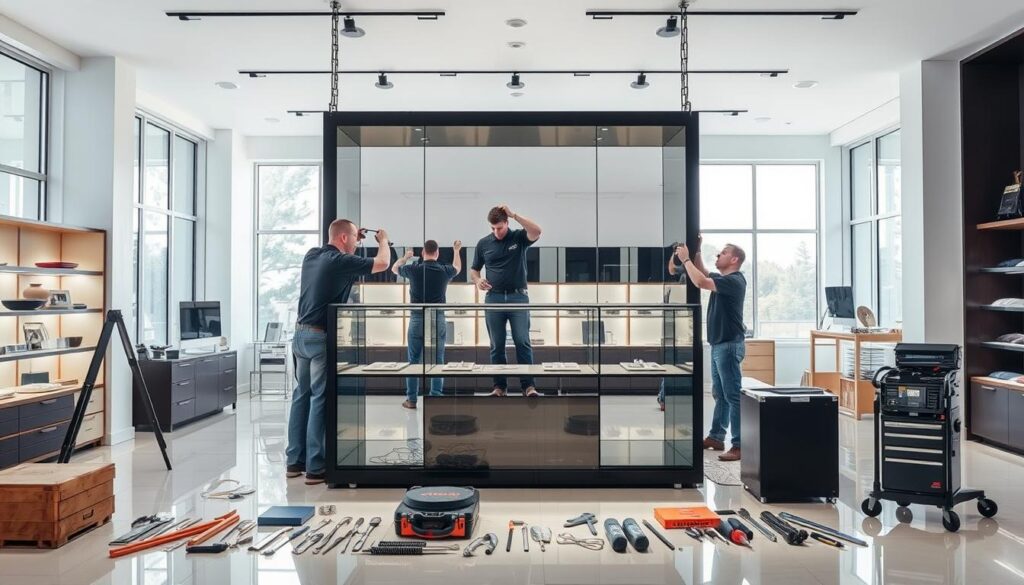 A sleek, modern retail showcase assembly service in a well-lit, minimalist showroom. In the foreground, a team of skilled technicians meticulously installing a custom glass display counter, ensuring seamless integration and optimal presentation of merchandise. The middle ground features an array of neatly organized tools and equipment, conveying the professionalism and attention to detail of the service. The background showcases a clean, contemporary interior with large windows, allowing natural light to flood the space and highlighting the showcase's elegant design. The overall atmosphere exudes a sense of efficiency, expertise, and a commitment to elevating the retail experience. A sleek, modern retail showcase assembly service in a well-lit, minimalist showroom. In the foreground, a team of skilled technicians meticulously installing a custom glass display counter, ensuring seamless integration and optimal presentation of merchandise. The middle ground features an array of neatly organized tools and equipment, conveying the professionalism and attention to detail of the service. The background showcases a clean, contemporary interior with large windows, allowing natural light to flood the space and highlighting the showcase's elegant design. The overall atmosphere exudes a sense of efficiency, expertise, and a commitment to elevating the retail experience.
