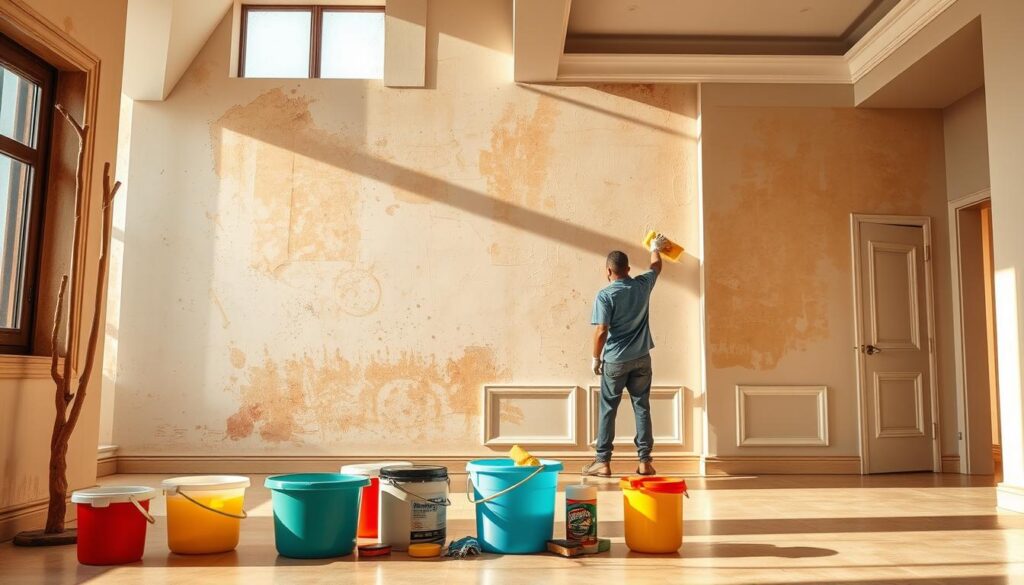 A spacious Gauteng property interior, with a focus on the wall cleaning process. The walls are partially covered in various stains and marks, showcasing the need for a professional cleaning service. The foreground features cleaning supplies such as buckets, sponges, and solutions, while the middle ground depicts a worker diligently scrubbing the wall. The background highlights the architectural features of the room, including windows, moldings, and a neutral color scheme, emphasizing the importance of wall condition in the overall aesthetic. Warm, natural lighting illuminates the scene, creating a sense of cleanliness and attention to detail. The image conveys the various factors that influence the cost of wall cleaning services in Gauteng properties. A spacious Gauteng property interior, with a focus on the wall cleaning process. The walls are partially covered in various stains and marks, showcasing the need for a professional cleaning service. The foreground features cleaning supplies such as buckets, sponges, and solutions, while the middle ground depicts a worker diligently scrubbing the wall. The background highlights the architectural features of the room, including windows, moldings, and a neutral color scheme, emphasizing the importance of wall condition in the overall aesthetic. Warm, natural lighting illuminates the scene, creating a sense of cleanliness and attention to detail. The image conveys the various factors that influence the cost of wall cleaning services in Gauteng properties.