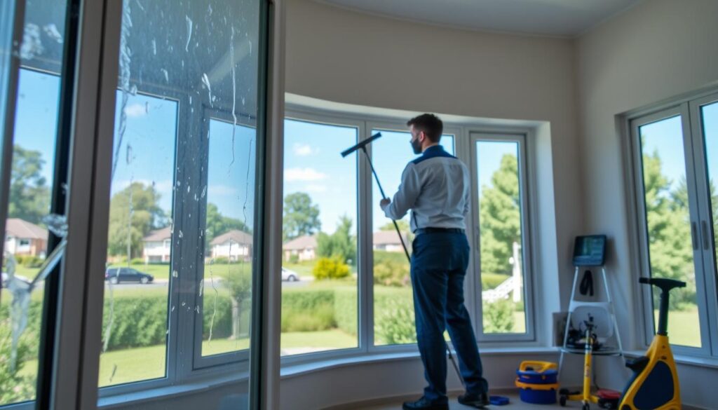 A spacious, well-lit room with large windows, showcasing a residential window cleaning service. In the foreground, a cleanly wiped window reveals a picturesque suburban landscape outside, with lush greenery and a clear blue sky. The middle ground features a window cleaning professional, dressed in a crisp uniform, working diligently with a squeegee and cleaning solution. The background showcases various window cleaning tools and equipment, neatly organized and ready for use. The overall scene conveys a sense of professionalism, efficiency, and attention to detail, reflecting the high-quality window cleaning services available in the Pretoria, Centurion, Midrand, and Johannesburg areas. A spacious, well-lit room with large windows, showcasing a residential window cleaning service. In the foreground, a cleanly wiped window reveals a picturesque suburban landscape outside, with lush greenery and a clear blue sky. The middle ground features a window cleaning professional, dressed in a crisp uniform, working diligently with a squeegee and cleaning solution. The background showcases various window cleaning tools and equipment, neatly organized and ready for use. The overall scene conveys a sense of professionalism, efficiency, and attention to detail, reflecting the high-quality window cleaning services available in the Pretoria, Centurion, Midrand, and Johannesburg areas.