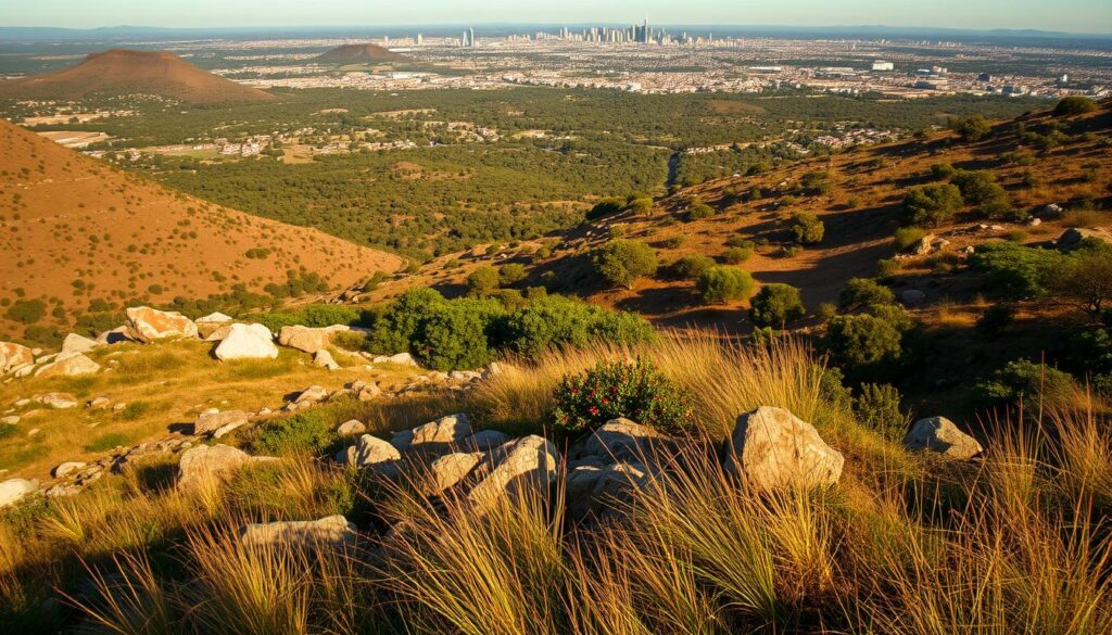 A sprawling landscape of Johannesburg's diverse terrain, showcasing the factors that affect fencing installation costs. In the foreground, a rolling hillside dotted with boulders and rocky outcroppings, casting dramatic shadows under the warm afternoon sun. The middle ground reveals lush vegetation, including tall grasses and shrubs, hinting at the challenges of installing fencing in densely overgrown areas. In the distance, the silhouette of the city skyline stands tall, a reminder of the urban environment that fencing must contend with. The scene is captured through a wide-angle lens, highlighting the varied topography and the intricate details that contribute to the overall cost of fencing installation in this vibrant South African metropolis. A sprawling landscape of Johannesburg's diverse terrain, showcasing the factors that affect fencing installation costs. In the foreground, a rolling hillside dotted with boulders and rocky outcroppings, casting dramatic shadows under the warm afternoon sun. The middle ground reveals lush vegetation, including tall grasses and shrubs, hinting at the challenges of installing fencing in densely overgrown areas. In the distance, the silhouette of the city skyline stands tall, a reminder of the urban environment that fencing must contend with. The scene is captured through a wide-angle lens, highlighting the varied topography and the intricate details that contribute to the overall cost of fencing installation in this vibrant South African metropolis.