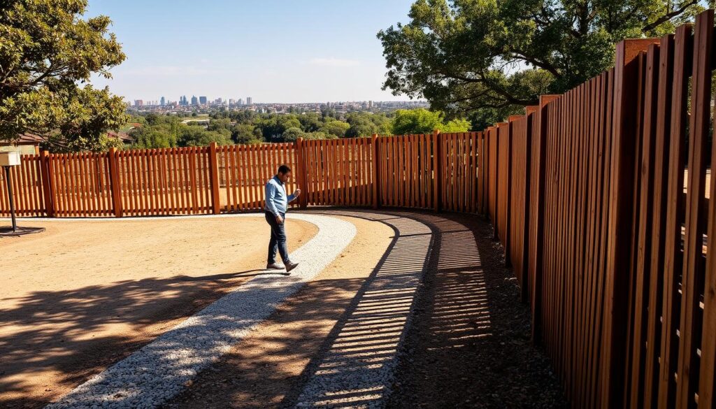 A sprawling palisade fence stretches across a sun-dappled Johannesburg landscape, its sturdy wooden posts and interwoven slats casting long shadows. In the foreground, a homeowner inspects the installation, assessing the seamless integration of the fence into the property's natural setting. The middle ground reveals meticulously laid gravel pathways, complementing the fence's utilitarian yet aesthetically pleasing design. In the background, lush greenery and the silhouettes of distant buildings create a sense of urban tranquility, hinting at the security and privacy the palisade fencing provides. The scene is bathed in warm, golden light, conveying a sense of durability and craftsmanship that defines this cost-effective fencing solution for Johannesburg residents. A sprawling palisade fence stretches across a sun-dappled Johannesburg landscape, its sturdy wooden posts and interwoven slats casting long shadows. In the foreground, a homeowner inspects the installation, assessing the seamless integration of the fence into the property's natural setting. The middle ground reveals meticulously laid gravel pathways, complementing the fence's utilitarian yet aesthetically pleasing design. In the background, lush greenery and the silhouettes of distant buildings create a sense of urban tranquility, hinting at the security and privacy the palisade fencing provides. The scene is bathed in warm, golden light, conveying a sense of durability and craftsmanship that defines this cost-effective fencing solution for Johannesburg residents.