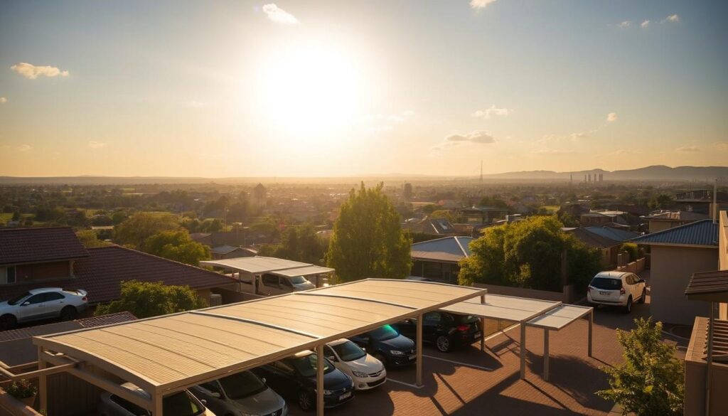 A sun-dappled landscape across Gauteng's suburbs, showcasing a series of affordable, expertly installed carports. In the foreground, a sleek, modern carport shelters a row of vehicles, its clean lines and neutral palette blending seamlessly with the surrounding architecture. In the middle ground, additional carports dot the scene, each customized to suit the unique needs of the homeowners. The background features a tapestry of lush greenery, rolling hills, and the occasional glimpse of the vibrant city skyline, creating a harmonious fusion of urban and natural elements. Warm, golden lighting bathes the entire composition, evoking a sense of comfort and accessibility. The overall scene conveys a comprehensive, high-quality carport solution that is both visually appealing and tailored to the diverse Gauteng landscape. A sun-dappled landscape across Gauteng's suburbs, showcasing a series of affordable, expertly installed carports. In the foreground, a sleek, modern carport shelters a row of vehicles, its clean lines and neutral palette blending seamlessly with the surrounding architecture. In the middle ground, additional carports dot the scene, each customized to suit the unique needs of the homeowners. The background features a tapestry of lush greenery, rolling hills, and the occasional glimpse of the vibrant city skyline, creating a harmonious fusion of urban and natural elements. Warm, golden lighting bathes the entire composition, evoking a sense of comfort and accessibility. The overall scene conveys a comprehensive, high-quality carport solution that is both visually appealing and tailored to the diverse Gauteng landscape.
