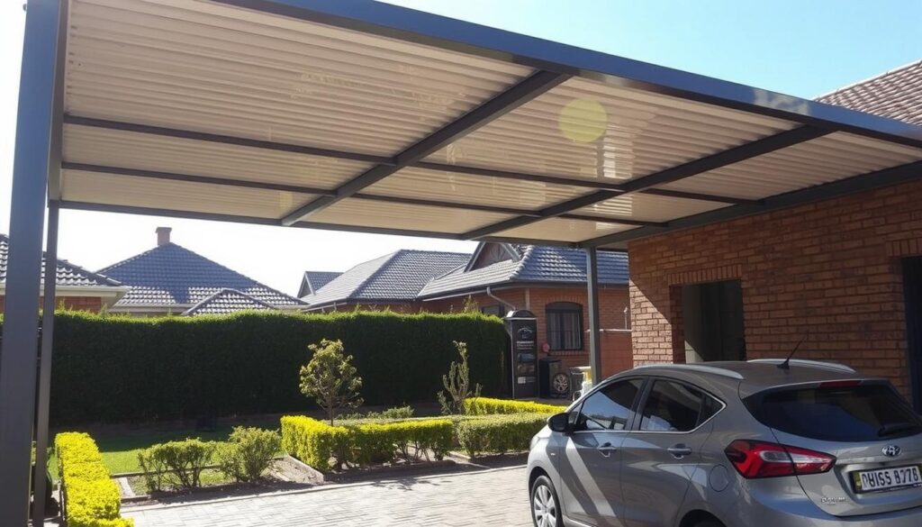 A sunny, well-lit carport installation in a residential neighborhood in Gauteng, Pretoria. The carport's structure is made of sturdy steel beams, with a sleek, modern design. The roof is covered in high-quality, weather-resistant panels, casting subtle shadows across the driveway. In the foreground, a family car is parked, highlighting the practical use of the carport. The middle ground features lush greenery, such as neatly trimmed hedges and small trees, creating a pleasant, suburban ambiance. The background showcases typical Pretoria architecture, including brick houses and tile roofs. The overall scene conveys a sense of functionality, quality, and attention to detail in the carport installation. A sunny, well-lit carport installation in a residential neighborhood in Gauteng, Pretoria. The carport's structure is made of sturdy steel beams, with a sleek, modern design. The roof is covered in high-quality, weather-resistant panels, casting subtle shadows across the driveway. In the foreground, a family car is parked, highlighting the practical use of the carport. The middle ground features lush greenery, such as neatly trimmed hedges and small trees, creating a pleasant, suburban ambiance. The background showcases typical Pretoria architecture, including brick houses and tile roofs. The overall scene conveys a sense of functionality, quality, and attention to detail in the carport installation.