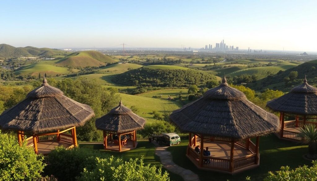 A sweeping panoramic view of lush, verdant Gauteng landscapes, dotted with the rustic charm of elegant thatch gazebos. In the foreground, intricate thatched roofs and sturdy timber frames stand as symbols of craftsmanship, their natural textures illuminated by warm, golden sunlight. The middle ground reveals skilled installation crews hard at work, carefully assembling these architectural marvels amidst the rolling hills and vibrant greenery. In the distant background, the silhouettes of iconic skyscrapers and cityscapes hint at the seamless integration of these traditional structures within the modern Gauteng environment. A sense of tranquility and local expertise permeates the scene, inviting the viewer to envision the impeccable service and attention to detail that defines the region's thatch gazebo installation offerings. A sweeping panoramic view of lush, verdant Gauteng landscapes, dotted with the rustic charm of elegant thatch gazebos. In the foreground, intricate thatched roofs and sturdy timber frames stand as symbols of craftsmanship, their natural textures illuminated by warm, golden sunlight. The middle ground reveals skilled installation crews hard at work, carefully assembling these architectural marvels amidst the rolling hills and vibrant greenery. In the distant background, the silhouettes of iconic skyscrapers and cityscapes hint at the seamless integration of these traditional structures within the modern Gauteng environment. A sense of tranquility and local expertise permeates the scene, inviting the viewer to envision the impeccable service and attention to detail that defines the region's thatch gazebo installation offerings.