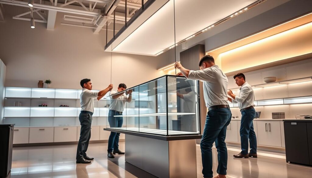 A team of professional showcase installation specialists, dressed in crisp uniforms, meticulously installing a high-end glass display counter in a sleek, modern showroom. Bright studio lighting casts a warm glow, highlighting the experts' attention to detail as they precisely level the showcase, ensuring a flawless presentation. In the background, minimalist shelving and storage solutions complement the elegant, contemporary aesthetic, creating an environment that exudes expertise and reliability. The scene conveys the seamless service and exceptional craftsmanship that Handyman Pretoria brings to every showcase installation project. A team of professional showcase installation specialists, dressed in crisp uniforms, meticulously installing a high-end glass display counter in a sleek, modern showroom. Bright studio lighting casts a warm glow, highlighting the experts' attention to detail as they precisely level the showcase, ensuring a flawless presentation. In the background, minimalist shelving and storage solutions complement the elegant, contemporary aesthetic, creating an environment that exudes expertise and reliability. The scene conveys the seamless service and exceptional craftsmanship that Handyman Pretoria brings to every showcase installation project.