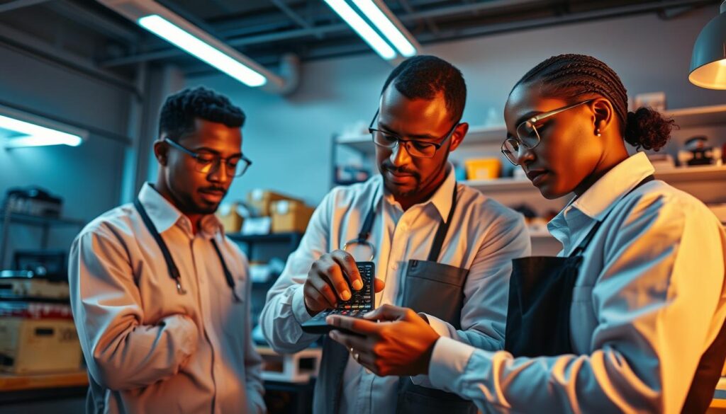 A team of skilled technicians dressed in professional attire, carefully examining and repairing a DSTV remote control in a well-lit, modern workshop. The scene is captured with a wide-angle lens, showcasing the focus and attention to detail of the experts as they meticulously diagnose and fix the device. The ambient lighting creates a warm, inviting atmosphere, conveying the reliability and expertise of the DSTV remote repair professionals. The background features neatly organized shelves of replacement parts and tools, creating a sense of a well-equipped, efficient service center. A team of skilled technicians dressed in professional attire, carefully examining and repairing a DSTV remote control in a well-lit, modern workshop. The scene is captured with a wide-angle lens, showcasing the focus and attention to detail of the experts as they meticulously diagnose and fix the device. The ambient lighting creates a warm, inviting atmosphere, conveying the reliability and expertise of the DSTV remote repair professionals. The background features neatly organized shelves of replacement parts and tools, creating a sense of a well-equipped, efficient service center.