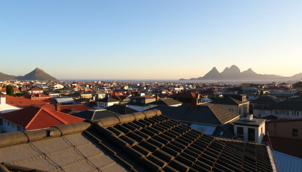 A vibrant cityscape of Cape Town's diverse neighborhoods, with a focus on the rooftops that dot the landscape. In the foreground, a meticulously detailed roof installation in progress, showcasing the craftsmanship and care taken by local tradespeople. The middle ground reveals a patchwork of roofing styles and materials, reflecting the unique character of each region. The background is a panoramic view of the city's iconic landmarks, bathed in warm, golden light that casts long shadows across the rooftops. The overall atmosphere conveys a sense of regional pride and the pride of skilled local workers who contribute to the architectural fabric of this vibrant coastal city. A vibrant cityscape of Cape Town's diverse neighborhoods, with a focus on the rooftops that dot the landscape. In the foreground, a meticulously detailed roof installation in progress, showcasing the craftsmanship and care taken by local tradespeople. The middle ground reveals a patchwork of roofing styles and materials, reflecting the unique character of each region. The background is a panoramic view of the city's iconic landmarks, bathed in warm, golden light that casts long shadows across the rooftops. The overall atmosphere conveys a sense of regional pride and the pride of skilled local workers who contribute to the architectural fabric of this vibrant coastal city.