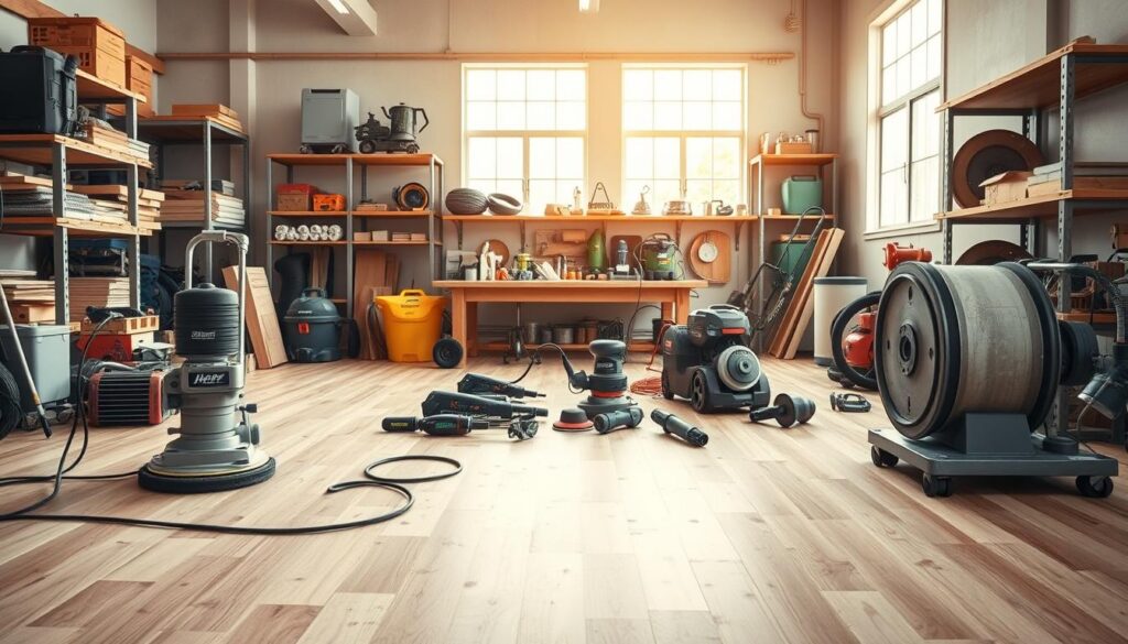 A well-lit and spacious workshop interior, featuring an assortment of DIY floor sanding equipment for rental comparison. In the foreground, a professional-grade orbital sander and an industrial drum sander stand side by side, their power cords trailing across a freshly sanded hardwood floor. In the middle ground, a selection of handheld palm sanders and edging tools are neatly arranged on a workbench, accompanied by various grit sandpapers. The background showcases shelves stocked with additional rental equipment, such as floor buffers, vacuums, and dust containment systems, all bathed in warm, natural lighting from large windows. The overall scene conveys the comprehensive range of DIY floor sanding tools available for rental, ready to assist homeowners in tackling their wood floor refinishing projects. A well-lit and spacious workshop interior, featuring an assortment of DIY floor sanding equipment for rental comparison. In the foreground, a professional-grade orbital sander and an industrial drum sander stand side by side, their power cords trailing across a freshly sanded hardwood floor. In the middle ground, a selection of handheld palm sanders and edging tools are neatly arranged on a workbench, accompanied by various grit sandpapers. The background showcases shelves stocked with additional rental equipment, such as floor buffers, vacuums, and dust containment systems, all bathed in warm, natural lighting from large windows. The overall scene conveys the comprehensive range of DIY floor sanding tools available for rental, ready to assist homeowners in tackling their wood floor refinishing projects.