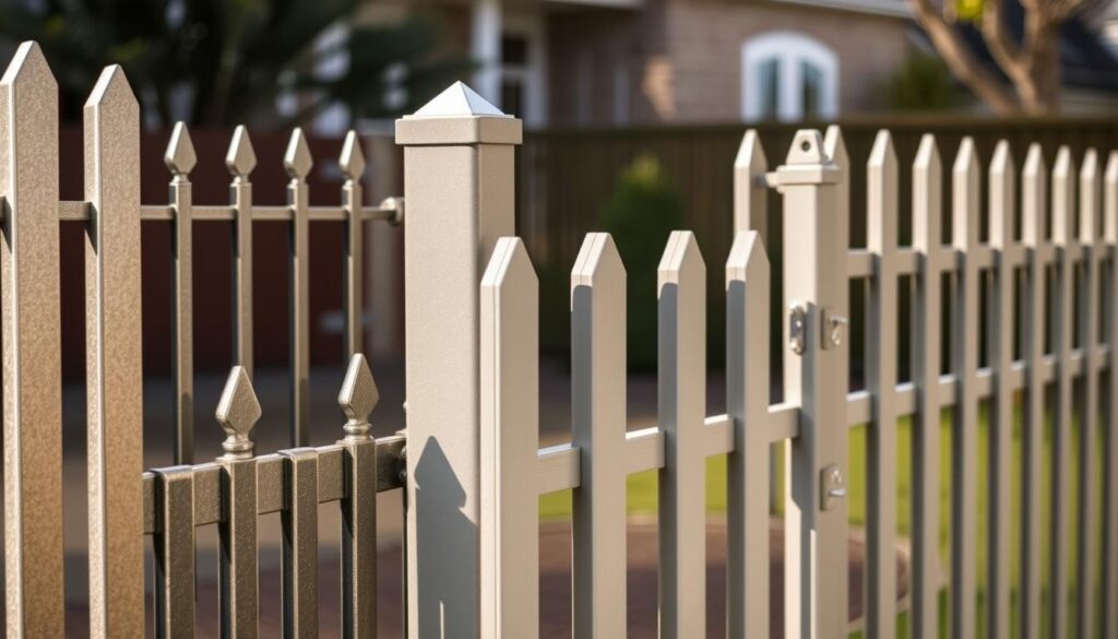A well-lit, close-up photograph showcasing various palisade fence height and finish options. The foreground features a selection of palisade fence sections in different heights (1.8m, 2.4m, 3.0m) and finishes (galvanized, powder-coated in neutral tones). The middle ground highlights the fence's sturdy construction, with detailed shots of the vertical bars, horizontal rails, and secure fastening systems. The background subtly suggests a residential or commercial setting, providing context for the fencing application. The overall composition emphasizes the versatility and customizability of palisade fencing, inviting the viewer to consider the factors that would inform their ideal fence investment. A well-lit, close-up photograph showcasing various palisade fence height and finish options. The foreground features a selection of palisade fence sections in different heights (1.8m, 2.4m, 3.0m) and finishes (galvanized, powder-coated in neutral tones). The middle ground highlights the fence's sturdy construction, with detailed shots of the vertical bars, horizontal rails, and secure fastening systems. The background subtly suggests a residential or commercial setting, providing context for the fencing application. The overall composition emphasizes the versatility and customizability of palisade fencing, inviting the viewer to consider the factors that would inform their ideal fence investment.