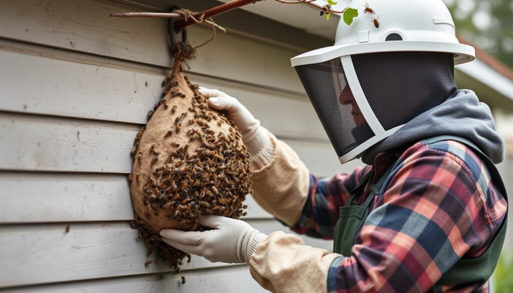 A well-lit, detailed image of affordable bee nest removal services in Gauteng, South Africa. In the foreground, a close-up view of a beekeeper in protective gear examining a honeycomb. In the middle ground, a van with a company logo and contact information, surrounded by lush greenery. In the background, a suburban residential area with houses and trees. The lighting is natural and warm, creating a calming, professional atmosphere. The composition emphasizes the accessibility and expertise of the bee removal service. A well-lit, detailed image of affordable bee nest removal services in Gauteng, South Africa. In the foreground, a close-up view of a beekeeper in protective gear examining a honeycomb. In the middle ground, a van with a company logo and contact information, surrounded by lush greenery. In the background, a suburban residential area with houses and trees. The lighting is natural and warm, creating a calming, professional atmosphere. The composition emphasizes the accessibility and expertise of the bee removal service.