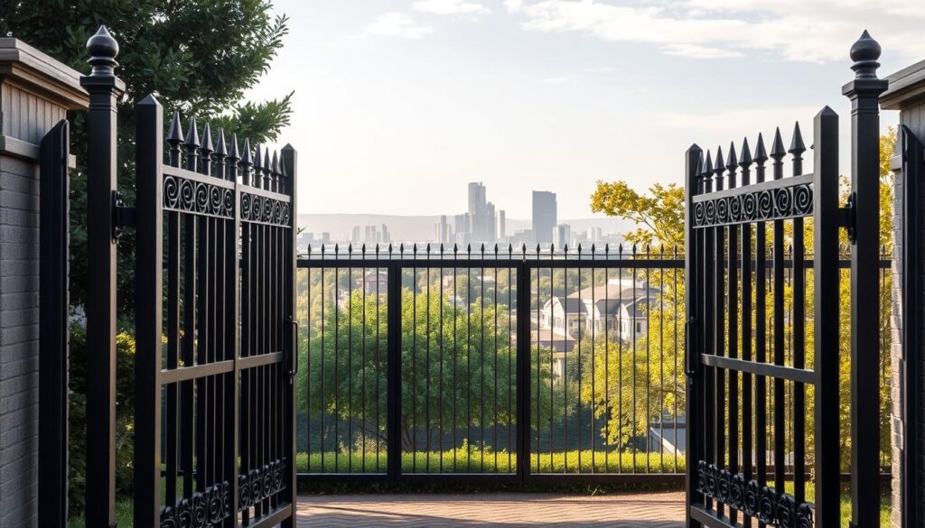 A well-lit, detailed view of a Clearview fencing system with security enhancements in Johannesburg. In the foreground, high-quality steel gates with ornate metalwork and reinforced hinges stand open, inviting entry. The middle ground showcases the Clearview fencing panels - a sleek, modern design featuring robust aluminum frames and tempered glass panes that provide visibility and deter intruders. In the background, lush greenery and a cityscape skyline create a picturesque urban setting. The lighting is warm and natural, highlighting the premium materials and craftsmanship of the fencing solution. A sense of safety, security, and elegant design permeates the scene. A well-lit, detailed view of a Clearview fencing system with security enhancements in Johannesburg. In the foreground, high-quality steel gates with ornate metalwork and reinforced hinges stand open, inviting entry. The middle ground showcases the Clearview fencing panels - a sleek, modern design featuring robust aluminum frames and tempered glass panes that provide visibility and deter intruders. In the background, lush greenery and a cityscape skyline create a picturesque urban setting. The lighting is warm and natural, highlighting the premium materials and craftsmanship of the fencing solution. A sense of safety, security, and elegant design permeates the scene.