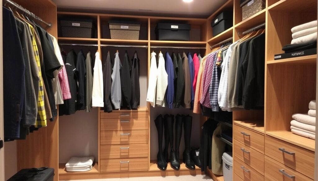 A well-lit, high-angle perspective rendering of various cost factors influencing a custom closet design and installation, showcased against a clean, minimalist backdrop. In the foreground, detailed icons and infographics depict key considerations such as material selection, custom cabinetry, shelving, lighting, and labor costs. The middle ground features a technical blueprint or schematic of a closet layout, while the background subtly conveys a serene, modern home interior setting. The overall composition should feel informative, visually striking, and aligned with the subject matter of "What Influences Your Closet System Installation Investment". A well-lit, high-angle perspective rendering of various cost factors influencing a custom closet design and installation, showcased against a clean, minimalist backdrop. In the foreground, detailed icons and infographics depict key considerations such as material selection, custom cabinetry, shelving, lighting, and labor costs. The middle ground features a technical blueprint or schematic of a closet layout, while the background subtly conveys a serene, modern home interior setting. The overall composition should feel informative, visually striking, and aligned with the subject matter of "What Influences Your Closet System Installation Investment".