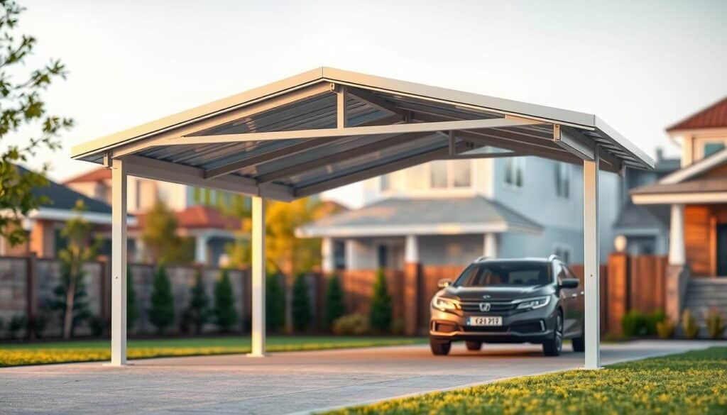A well-lit, high-quality architectural rendering of an affordable metal carport installation. Depicted in the foreground is a modern, sleek metal carport structure with a minimalist design, showcasing clean lines and a sturdy frame. The carport is positioned in a residential setting, with a neatly landscaped yard in the middle ground and a blurred suburban neighborhood in the background. The lighting is balanced, creating a warm, inviting atmosphere that highlights the carport's practical and aesthetically pleasing features. The camera angle is slightly elevated, providing a clear, unobstructed view of the carport's installation and integration into the surrounding environment. A well-lit, high-quality architectural rendering of an affordable metal carport installation. Depicted in the foreground is a modern, sleek metal carport structure with a minimalist design, showcasing clean lines and a sturdy frame. The carport is positioned in a residential setting, with a neatly landscaped yard in the middle ground and a blurred suburban neighborhood in the background. The lighting is balanced, creating a warm, inviting atmosphere that highlights the carport's practical and aesthetically pleasing features. The camera angle is slightly elevated, providing a clear, unobstructed view of the carport's installation and integration into the surrounding environment.
