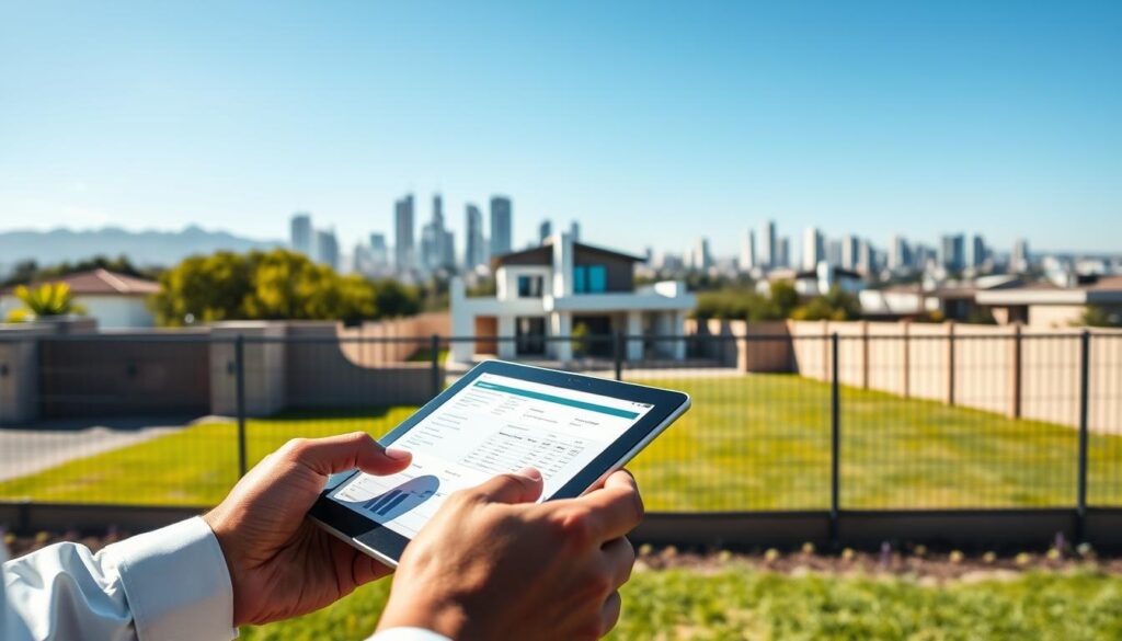 A well-lit outdoor scene showcasing an expert's hands holding a tablet as they review an electric fence installation quote in Gqeberha, South Africa. The middle ground features a modern residential property with a neatly manicured lawn, while the background depicts a scenic cityscape with towering buildings and a clear blue sky. The overall mood conveys professionalism, attention to detail, and a commitment to providing top-quality electric fence installation services in the local community. A well-lit outdoor scene showcasing an expert's hands holding a tablet as they review an electric fence installation quote in Gqeberha, South Africa. The middle ground features a modern residential property with a neatly manicured lawn, while the background depicts a scenic cityscape with towering buildings and a clear blue sky. The overall mood conveys professionalism, attention to detail, and a commitment to providing top-quality electric fence installation services in the local community.
