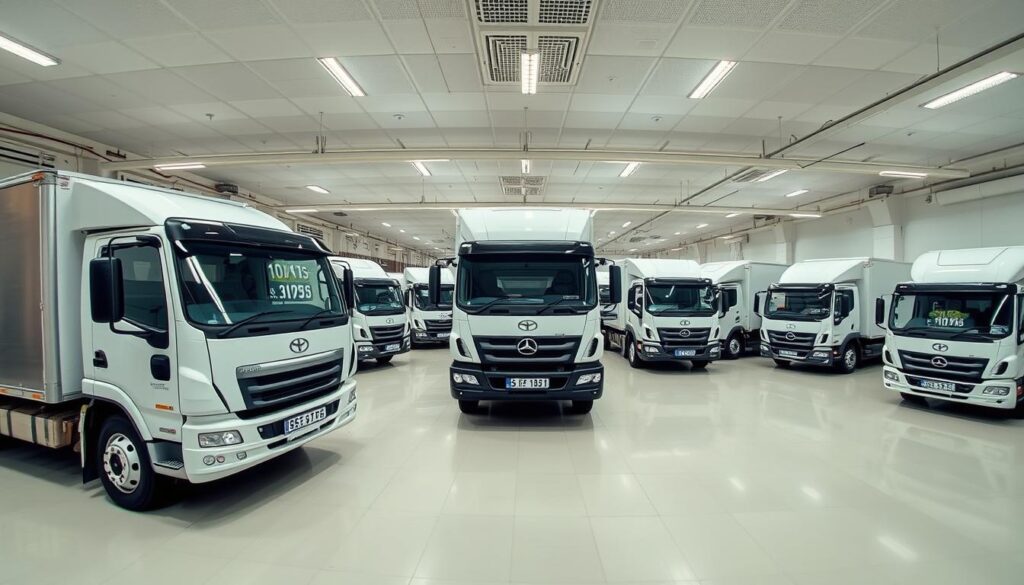 A well-lit, wide-angle photograph of the interior of an affordable moving truck rental facility in Pretoria, showcasing a row of various-sized trucks with clear pricing details displayed on digital screens. The trucks are positioned in a spacious, organized showroom with a neutral color palette and minimalist decor, creating a professional and transparent atmosphere. The lighting is bright and evenly distributed, highlighting the trucks' features and the clear pricing information. The camera angle captures the breadth of the selection while emphasizing the prominence of the pricing details, conveying the idea of clarity and competitiveness in the moving truck rental market. A well-lit, wide-angle photograph of the interior of an affordable moving truck rental facility in Pretoria, showcasing a row of various-sized trucks with clear pricing details displayed on digital screens. The trucks are positioned in a spacious, organized showroom with a neutral color palette and minimalist decor, creating a professional and transparent atmosphere. The lighting is bright and evenly distributed, highlighting the trucks' features and the clear pricing information. The camera angle captures the breadth of the selection while emphasizing the prominence of the pricing details, conveying the idea of clarity and competitiveness in the moving truck rental market.