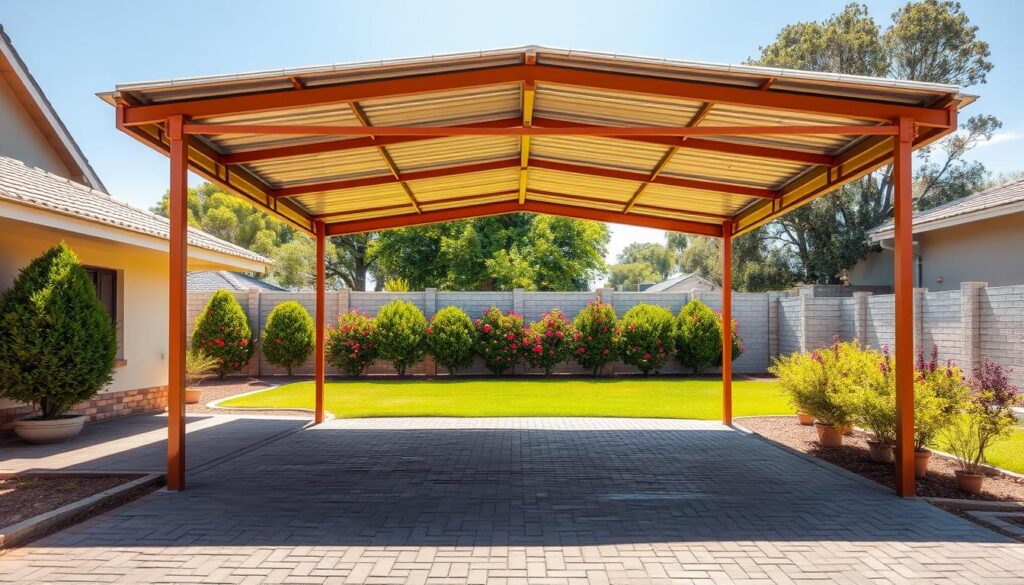 A wide, double-width carport stands proudly in a South African suburban landscape. The steel frame is painted a warm, earthy tone, complementing the tile roof above. Sunlight filters through the carport's open design, casting gentle shadows across the neatly paved driveway. In the background, a lush, well-manicured lawn and a row of vibrant, flowering shrubs create a picturesque setting. The carport's sturdy construction and sleek, modern aesthetic convey a sense of quality and value, reflecting the affordable, yet high-quality carport options available throughout South Africa. A wide, double-width carport stands proudly in a South African suburban landscape. The steel frame is painted a warm, earthy tone, complementing the tile roof above. Sunlight filters through the carport's open design, casting gentle shadows across the neatly paved driveway. In the background, a lush, well-manicured lawn and a row of vibrant, flowering shrubs create a picturesque setting. The carport's sturdy construction and sleek, modern aesthetic convey a sense of quality and value, reflecting the affordable, yet high-quality carport options available throughout South Africa.