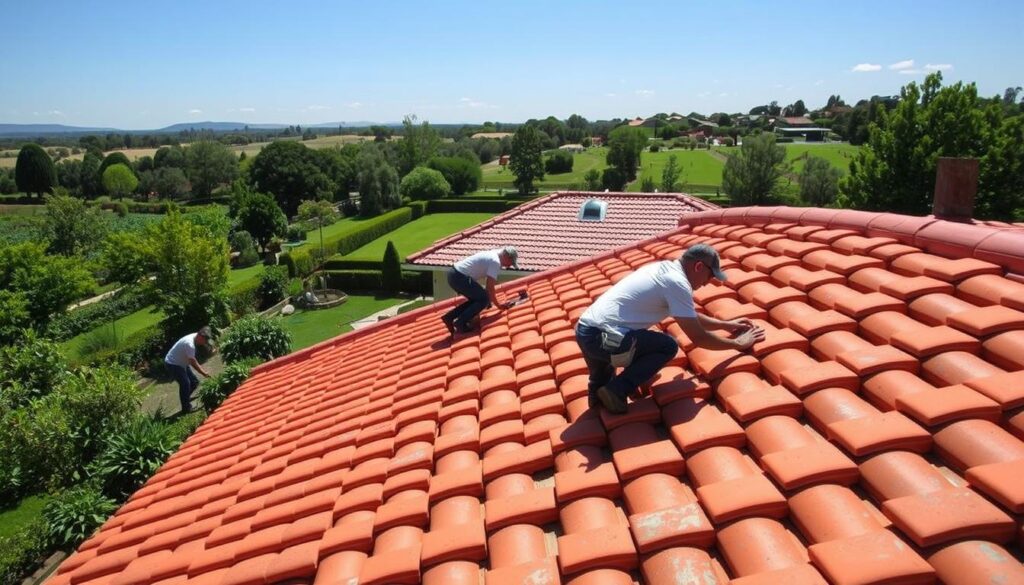Accredited Harvey tile installers working diligently on a residential roof installation in a sunny, picturesque setting. The foreground depicts skilled workers methodically laying the terracotta tiles, their movements precise and practiced. The middle ground showcases the partially completed roof, the warm hues of the tiles contrasting beautifully against the clear blue sky. In the background, lush greenery and a well-manicured landscape create a serene, idyllic backdrop, conveying the care and attention to detail that goes into a Harvey roof installation by Handyman Pretoria. The scene is bathed in natural light, the rays casting soft shadows and highlighting the textures of the materials used. Accredited Harvey tile installers working diligently on a residential roof installation in a sunny, picturesque setting. The foreground depicts skilled workers methodically laying the terracotta tiles, their movements precise and practiced. The middle ground showcases the partially completed roof, the warm hues of the tiles contrasting beautifully against the clear blue sky. In the background, lush greenery and a well-manicured landscape create a serene, idyllic backdrop, conveying the care and attention to detail that goes into a Harvey roof installation by Handyman Pretoria. The scene is bathed in natural light, the rays casting soft shadows and highlighting the textures of the materials used.
