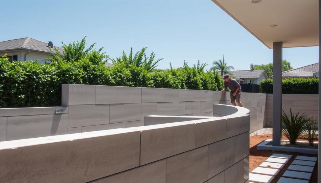 Affordable 2.4m precast walling installation in a well-lit, modern residential setting. Smooth concrete panels in a neutral color palette seamlessly integrated into the landscape. A focus on the installation process, with workers carefully positioning the panels and securing them in place. The foreground showcases the textural details of the precast material, while the middle ground depicts the step-by-step assembly. The background features lush greenery and a clear blue sky, conveying a sense of harmony and affordability. Captured with a wide-angle lens to emphasize the scale and accessibility of the installation. Affordable 2.4m precast walling installation in a well-lit, modern residential setting. Smooth concrete panels in a neutral color palette seamlessly integrated into the landscape. A focus on the installation process, with workers carefully positioning the panels and securing them in place. The foreground showcases the textural details of the precast material, while the middle ground depicts the step-by-step assembly. The background features lush greenery and a clear blue sky, conveying a sense of harmony and affordability. Captured with a wide-angle lens to emphasize the scale and accessibility of the installation.