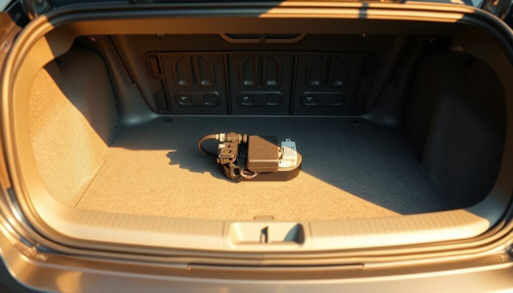 An interior view of the trunk compartment of a sedan, highlighting the trunk lock actuator mechanism. The scene is illuminated by a warm, soft light, casting gentle shadows to reveal the intricate components. The actuator is prominently displayed, its housing partially open, showcasing the internal mechanics and wiring. The surrounding area is clean and organized, allowing the viewer to focus on the nuanced details of the faulty actuator. The image conveys a sense of technical examination, guiding the viewer to understand the potential causes and symptoms of a trunk lock actuator failure. An interior view of the trunk compartment of a sedan, highlighting the trunk lock actuator mechanism. The scene is illuminated by a warm, soft light, casting gentle shadows to reveal the intricate components. The actuator is prominently displayed, its housing partially open, showcasing the internal mechanics and wiring. The surrounding area is clean and organized, allowing the viewer to focus on the nuanced details of the faulty actuator. The image conveys a sense of technical examination, guiding the viewer to understand the potential causes and symptoms of a trunk lock actuator failure.