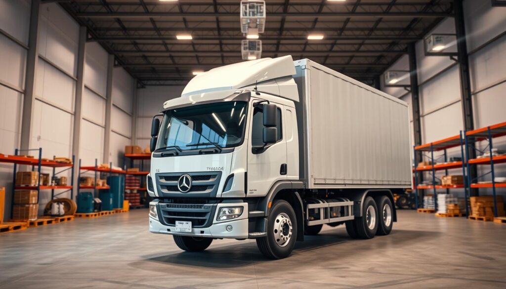 Detailed 10 ton cargo truck in a well-lit, modern warehouse setting. Truck positioned centrally, showing its full length and height. Surrounding it are various price tags and comparison charts displayed on minimalist floating panels, providing clear visual reference for rental costs and rates. Sleek, professional atmosphere with muted colors and clean lines, accentuating the truck's rugged, industrial design. Camera angle slightly elevated to capture the entire scene in a balanced, symmetrical composition. Detailed 10 ton cargo truck in a well-lit, modern warehouse setting. Truck positioned centrally, showing its full length and height. Surrounding it are various price tags and comparison charts displayed on minimalist floating panels, providing clear visual reference for rental costs and rates. Sleek, professional atmosphere with muted colors and clean lines, accentuating the truck's rugged, industrial design. Camera angle slightly elevated to capture the entire scene in a balanced, symmetrical composition.