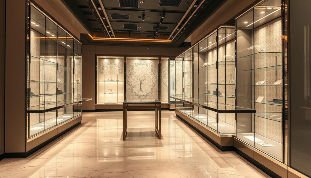 Detailed glass display cases in a well-lit showroom, with a polished marble floor and a sleek, modern design aesthetic. The cases feature frameless glass panels, elegant metal supports, and adjustable shelves. The lighting casts a warm glow, highlighting the intricate details and the merchandise inside. In the foreground, various factors that affect the installation price, such as the size and complexity of the cases, the materials used, and the desired features, are represented through realistic icons and infographic elements. The overall composition conveys a sense of professionalism, quality, and attention to detail. Detailed glass display cases in a well-lit showroom, with a polished marble floor and a sleek, modern design aesthetic. The cases feature frameless glass panels, elegant metal supports, and adjustable shelves. The lighting casts a warm glow, highlighting the intricate details and the merchandise inside. In the foreground, various factors that affect the installation price, such as the size and complexity of the cases, the materials used, and the desired features, are represented through realistic icons and infographic elements. The overall composition conveys a sense of professionalism, quality, and attention to detail.
