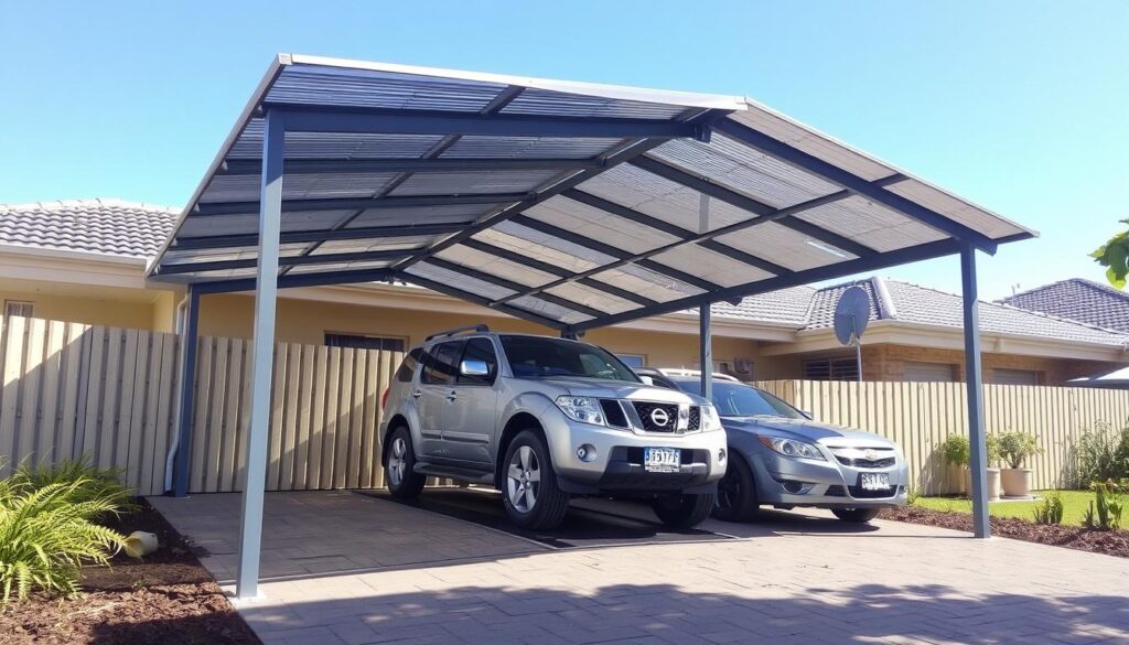 Detailed wide-angle photograph of a professional carport installation showcasing pricing and cost factors across Gauteng region. Foreground features carport structure with various size and material options, along with a pricing chart displaying different cost tiers. Middle ground shows a well-manicured residential neighborhood with diverse housing styles. Background captures a vibrant urban skyline with high-rise buildings and lush greenery. Warm afternoon lighting casts a pleasant ambiance, with soft shadows and reflections. Convey a sense of reliability, transparency and thoughtful investment for prospective carport buyers. Detailed wide-angle photograph of a professional carport installation showcasing pricing and cost factors across Gauteng region. Foreground features carport structure with various size and material options, along with a pricing chart displaying different cost tiers. Middle ground shows a well-manicured residential neighborhood with diverse housing styles. Background captures a vibrant urban skyline with high-rise buildings and lush greenery. Warm afternoon lighting casts a pleasant ambiance, with soft shadows and reflections. Convey a sense of reliability, transparency and thoughtful investment for prospective carport buyers.