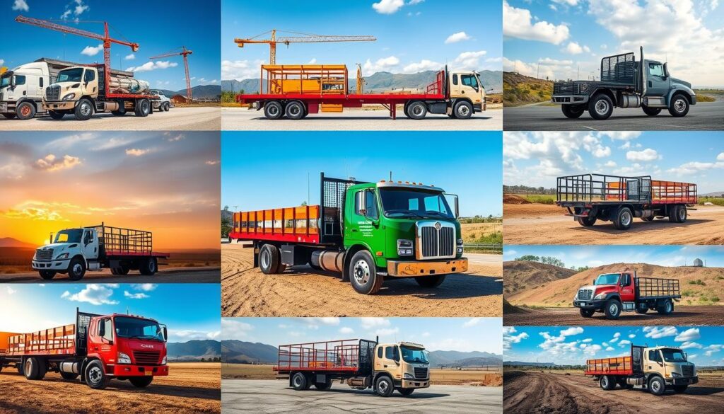 Flatbed truck rental options with flexible pricing structures, showcasing different truck sizes and configurations. Realistic 3D render with a clean, minimalist composition. Warm lighting from the side highlights the sleek truck bodies and creates dramatic shadows. The background is blurred, keeping the focus on the pricing details and rental options presented in a clear, organized manner. The overall atmosphere is professional and informative, conveying the versatility and customization available in flatbed truck hire services. Flatbed truck rental options with flexible pricing structures, showcasing different truck sizes and configurations. Realistic 3D render with a clean, minimalist composition. Warm lighting from the side highlights the sleek truck bodies and creates dramatic shadows. The background is blurred, keeping the focus on the pricing details and rental options presented in a clear, organized manner. The overall atmosphere is professional and informative, conveying the versatility and customization available in flatbed truck hire services.