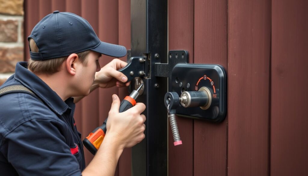Residential gate lock repair fees pricing comparison: A detailed, realistic scene depicting three different types of gate locks side-by-side, showcasing their repair costs. The locks are set against a plain white background, evenly lit from above to highlight the intricate mechanisms and materials. The locks are positioned at eye level, allowing the viewer to closely examine and compare the pricing details displayed on placards beneath each one. The scene conveys a sense of practicality and utility, guiding the viewer through the essential information needed to make an informed decision about their gate lock repair needs. Residential gate lock repair fees pricing comparison: A detailed, realistic scene depicting three different types of gate locks side-by-side, showcasing their repair costs. The locks are set against a plain white background, evenly lit from above to highlight the intricate mechanisms and materials. The locks are positioned at eye level, allowing the viewer to closely examine and compare the pricing details displayed on placards beneath each one. The scene conveys a sense of practicality and utility, guiding the viewer through the essential information needed to make an informed decision about their gate lock repair needs.