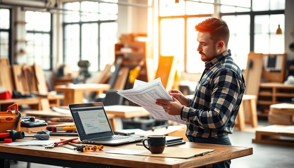 A beautifully arranged workspace scene illustrating the process of quoting, scheduling, and delivering quality handyman services. In the foreground, a skilled handyman in professional attire, intently analyzing a clipboard filled with detailed plans and quotes. The middle ground features a well-organized desk cluttered with tools, a laptop displaying a scheduling software, and a coffee cup. In the background, a bright workshop filled with renovation materials and tools, with large windows allowing natural light to flood the space, creating a warm and productive atmosphere. The scene should convey professionalism, attention to detail, and a sense of reliability and trust. Use soft lighting to enhance the inviting mood, simulating a late afternoon setting. Capture the composition from a slight angle to add depth and dimension. A beautifully arranged workspace scene illustrating the process of quoting, scheduling, and delivering quality handyman services. In the foreground, a skilled handyman in professional attire, intently analyzing a clipboard filled with detailed plans and quotes. The middle ground features a well-organized desk cluttered with tools, a laptop displaying a scheduling software, and a coffee cup. In the background, a bright workshop filled with renovation materials and tools, with large windows allowing natural light to flood the space, creating a warm and productive atmosphere. The scene should convey professionalism, attention to detail, and a sense of reliability and trust. Use soft lighting to enhance the inviting mood, simulating a late afternoon setting. Capture the composition from a slight angle to add depth and dimension.