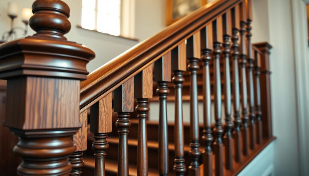 A beautifully crafted wooden banister showcased prominently in the foreground, featuring intricate spindle designs and a polished handrail that gleams under soft, warm lighting. The middle ground reveals a staircase with rich, dark wooden steps and matching spindles, demonstrating an elegant finish that emphasizes the craftsmanship involved in sanding and varnishing. In the background, a softly blurred interior setting, perhaps a stylish hallway or landing, adds depth without distracting from the banister. The image captures a warm and inviting atmosphere, emphasizing safety and quality in home decor. The angle is slightly elevated, showcasing the curvature of the banister gracefully. The overall mood conveys sophistication and attention to detail, ideal for illustrating the care involved in maintaining and upgrading stair finishes. A beautifully crafted wooden banister showcased prominently in the foreground, featuring intricate spindle designs and a polished handrail that gleams under soft, warm lighting. The middle ground reveals a staircase with rich, dark wooden steps and matching spindles, demonstrating an elegant finish that emphasizes the craftsmanship involved in sanding and varnishing. In the background, a softly blurred interior setting, perhaps a stylish hallway or landing, adds depth without distracting from the banister. The image captures a warm and inviting atmosphere, emphasizing safety and quality in home decor. The angle is slightly elevated, showcasing the curvature of the banister gracefully. The overall mood conveys sophistication and attention to detail, ideal for illustrating the care involved in maintaining and upgrading stair finishes.