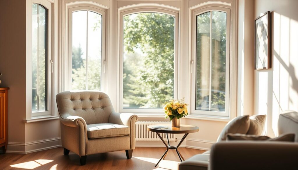 A beautifully designed bay window in a cozy living room. The window features three large panels, with elegant, curved edges that allow ample natural light to stream in. In the foreground, a plush, neutral-toned armchair sits beside a small coffee table adorned with a vase of fresh flowers. Sunlight pours through the window, casting warm, inviting reflections on the wooden floor. In the background, subtle greenery from outside can be seen, enhancing the tranquility of the scene. The atmosphere is serene and welcoming, perfect for a comfortable reading nook. Soft shadows play around the corners, creating depth and inviting warmth to the space. Capture the essence of a stylish and functional bay window, showcasing its contribution to the home's aesthetic and comfort. A beautifully designed bay window in a cozy living room. The window features three large panels, with elegant, curved edges that allow ample natural light to stream in. In the foreground, a plush, neutral-toned armchair sits beside a small coffee table adorned with a vase of fresh flowers. Sunlight pours through the window, casting warm, inviting reflections on the wooden floor. In the background, subtle greenery from outside can be seen, enhancing the tranquility of the scene. The atmosphere is serene and welcoming, perfect for a comfortable reading nook. Soft shadows play around the corners, creating depth and inviting warmth to the space. Capture the essence of a stylish and functional bay window, showcasing its contribution to the home's aesthetic and comfort.