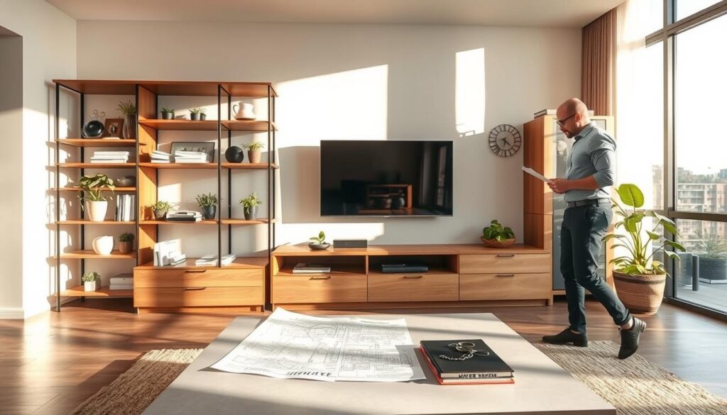 A beautifully designed custom media unit and shelving display in a modern interior setting in Pretoria. The foreground features an elegant wooden shelving unit adorned with various decorative items, books, and plants. The middle ground showcases a designer contemplating the layout, dressed in professional attire, examining blueprints spread over a sleek coffee table. In the background, large windows allow warm sunlight to illuminate the space, enhancing the natural wood tones and neutral color palette. The scene conveys a sense of collaboration and creativity, with soft shadows creating a welcoming atmosphere. The angle is slightly elevated, giving a panoramic view of the design process while maintaining focus on the bespoke joinery elements. A beautifully designed custom media unit and shelving display in a modern interior setting in Pretoria. The foreground features an elegant wooden shelving unit adorned with various decorative items, books, and plants. The middle ground showcases a designer contemplating the layout, dressed in professional attire, examining blueprints spread over a sleek coffee table. In the background, large windows allow warm sunlight to illuminate the space, enhancing the natural wood tones and neutral color palette. The scene conveys a sense of collaboration and creativity, with soft shadows creating a welcoming atmosphere. The angle is slightly elevated, giving a panoramic view of the design process while maintaining focus on the bespoke joinery elements.