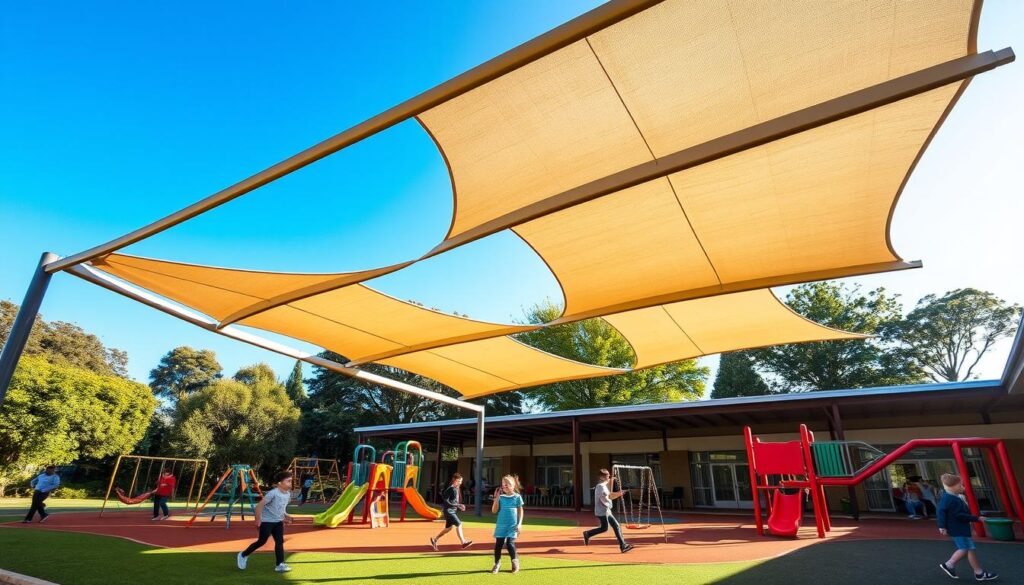 A beautifully designed custom shadeport over a vibrant school playground in Pretoria, showcasing an array of colorful play equipment. The foreground features the unique shade structure with geometric patterns and innovative curves, crafted from durable materials that complement the playground's layout. In the middle ground, children play energetically, wearing modest casual clothing, as they enjoy swings and slides, providing a sense of joy and energy. The background includes lush greenery and trees under a bright blue sky. The lighting is warm and inviting, creating a cheerful atmosphere, captured with a slight upward angle to emphasize the impressive design of the shadeport, ensuring the focus remains on the harmonious integration into the scene. A beautifully designed custom shadeport over a vibrant school playground in Pretoria, showcasing an array of colorful play equipment. The foreground features the unique shade structure with geometric patterns and innovative curves, crafted from durable materials that complement the playground's layout. In the middle ground, children play energetically, wearing modest casual clothing, as they enjoy swings and slides, providing a sense of joy and energy. The background includes lush greenery and trees under a bright blue sky. The lighting is warm and inviting, creating a cheerful atmosphere, captured with a slight upward angle to emphasize the impressive design of the shadeport, ensuring the focus remains on the harmonious integration into the scene.