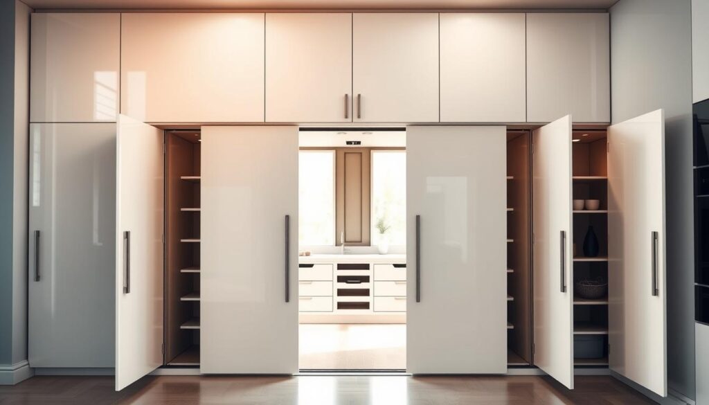A beautifully designed set of modern cupboard doors, featuring sleek, minimalist lines with a glossy finish, seamlessly integrated tracks for a clean look. The foreground showcases the door panels open to reveal a well-organized interior, with neatly arranged shelves and bespoke storage solutions. In the middle, a carefully constructed track system is visible, emphasizing the precision of installation. The background is softly blurred to highlight the doors, with warm, natural light streaming in from a nearby window, creating an inviting atmosphere. Use a camera angle that captures the doors frontally, focusing on their elegant details and smooth edges, enhancing a sense of depth and professionalism in this contemporary space. A beautifully designed set of modern cupboard doors, featuring sleek, minimalist lines with a glossy finish, seamlessly integrated tracks for a clean look. The foreground showcases the door panels open to reveal a well-organized interior, with neatly arranged shelves and bespoke storage solutions. In the middle, a carefully constructed track system is visible, emphasizing the precision of installation. The background is softly blurred to highlight the doors, with warm, natural light streaming in from a nearby window, creating an inviting atmosphere. Use a camera angle that captures the doors frontally, focusing on their elegant details and smooth edges, enhancing a sense of depth and professionalism in this contemporary space.