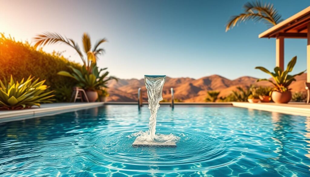 A beautifully designed swimming pool featuring elegant jets and a modern fountain, set in a serene Pretoria backyard. In the foreground, crystal-clear water cascades from the fountain, creating a gentle ripple effect in the pool. Lush greenery frames the space, with strategically placed tropical plants that enhance the atmosphere. In the middle ground, the pool deck, with sleek stone tiles, shines under warm, golden sunlight, inviting relaxation. The background showcases the gentle slopes of Pretoria's unique landscape under a bright blue sky, adding depth to the scene. The image captures a tranquil and inviting mood, ideal for showcasing pool enhancements, with a soft focus emphasizing the water features and a clear, wide-angle lens perspective. A beautifully designed swimming pool featuring elegant jets and a modern fountain, set in a serene Pretoria backyard. In the foreground, crystal-clear water cascades from the fountain, creating a gentle ripple effect in the pool. Lush greenery frames the space, with strategically placed tropical plants that enhance the atmosphere. In the middle ground, the pool deck, with sleek stone tiles, shines under warm, golden sunlight, inviting relaxation. The background showcases the gentle slopes of Pretoria's unique landscape under a bright blue sky, adding depth to the scene. The image captures a tranquil and inviting mood, ideal for showcasing pool enhancements, with a soft focus emphasizing the water features and a clear, wide-angle lens perspective.