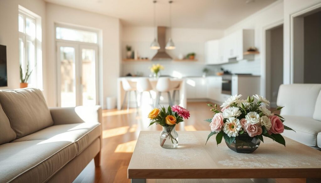 A beautifully organized, sparkling clean room showcasing the result of professional move-out cleaning services. In the foreground, a pristine sofa and coffee table, free of dust, with fresh flowers arranged elegantly. In the middle, shiny hardwood floors reflecting soft, natural light streaming in from large windows, illuminating the space. A spotless kitchen is visible, with gleaming countertops and clean appliances. In the background, a subtle view of freshly cleaned walls that enhance the bright, open atmosphere. The overall mood conveys a sense of tranquility and freshness, emphasizing the importance of a clean environment for securing a deposit return. The scene should be captured with soft, diffused lighting from an angle that highlights the cleanliness and orderliness without distractions. A beautifully organized, sparkling clean room showcasing the result of professional move-out cleaning services. In the foreground, a pristine sofa and coffee table, free of dust, with fresh flowers arranged elegantly. In the middle, shiny hardwood floors reflecting soft, natural light streaming in from large windows, illuminating the space. A spotless kitchen is visible, with gleaming countertops and clean appliances. In the background, a subtle view of freshly cleaned walls that enhance the bright, open atmosphere. The overall mood conveys a sense of tranquility and freshness, emphasizing the importance of a clean environment for securing a deposit return. The scene should be captured with soft, diffused lighting from an angle that highlights the cleanliness and orderliness without distractions.