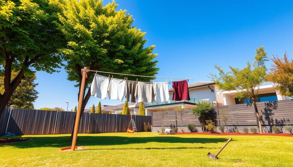 A bright, sunny day in a suburban Johannesburg garden, featuring a newly installed washing line. In the foreground, there is a sturdy wooden washing line, strategically positioned between two vibrant green trees, with freshly hung clothes gently swaying in a light breeze. The middle ground shows a well-maintained lawn and a few garden tools, hinting at a space recently prepared for installation. In the background, we see a modern, stylish home typical of Johannesburg suburbs, with clear blue skies above. The scene is illuminated by warm, natural sunlight, creating a cheerful and inviting atmosphere. Capture this image from a slightly angled perspective to highlight both the washing line and the beauty of the garden setting. A bright, sunny day in a suburban Johannesburg garden, featuring a newly installed washing line. In the foreground, there is a sturdy wooden washing line, strategically positioned between two vibrant green trees, with freshly hung clothes gently swaying in a light breeze. The middle ground shows a well-maintained lawn and a few garden tools, hinting at a space recently prepared for installation. In the background, we see a modern, stylish home typical of Johannesburg suburbs, with clear blue skies above. The scene is illuminated by warm, natural sunlight, creating a cheerful and inviting atmosphere. Capture this image from a slightly angled perspective to highlight both the washing line and the beauty of the garden setting.