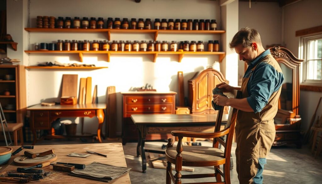 A bright, well-lit workshop scene showcasing the progress of a furniture restoration project. In the foreground, a skilled craftsman, dressed in professional work attire, is carefully sanding a wooden chair, concentrating on the details. Surrounding him are various tools like chisels, sanders, and brushes, indicating an active work environment. In the middle ground, several restored pieces of furniture, including a sleek wooden table and an ornate cabinet, gleam with fresh polish, illustrating the transition from worn to revitalized. The background features shelves filled with jars of wood stains and finishes, casting soft shadows, creating an inviting atmosphere that reflects craftsmanship and dedication. The overall mood is industrious yet serene, evoking a sense of transformation and care in furniture restoration. A bright, well-lit workshop scene showcasing the progress of a furniture restoration project. In the foreground, a skilled craftsman, dressed in professional work attire, is carefully sanding a wooden chair, concentrating on the details. Surrounding him are various tools like chisels, sanders, and brushes, indicating an active work environment. In the middle ground, several restored pieces of furniture, including a sleek wooden table and an ornate cabinet, gleam with fresh polish, illustrating the transition from worn to revitalized. The background features shelves filled with jars of wood stains and finishes, casting soft shadows, creating an inviting atmosphere that reflects craftsmanship and dedication. The overall mood is industrious yet serene, evoking a sense of transformation and care in furniture restoration.