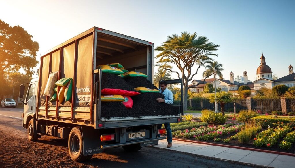 A bustling Pretoria landscape showcasing a professional delivery service for bulk mulch, compost, and soil. In the foreground, a well-organized delivery truck with an open back filled with rich, dark soil and vibrant compost bags, accompanied by a friendly delivery person in professional attire, assessing the materials. The middle ground features a neat, well-maintained garden with lush greenery and flower beds, illustrating the positive impact of quality soil on gardening. In the background, iconic Pretoria architecture is subtly visible under a clear blue sky, with warm golden hour lighting casting a serene glow on the scene. The atmosphere is industrious yet inviting, emphasizing the ease and availability of garden supplies for local residents. A bustling Pretoria landscape showcasing a professional delivery service for bulk mulch, compost, and soil. In the foreground, a well-organized delivery truck with an open back filled with rich, dark soil and vibrant compost bags, accompanied by a friendly delivery person in professional attire, assessing the materials. The middle ground features a neat, well-maintained garden with lush greenery and flower beds, illustrating the positive impact of quality soil on gardening. In the background, iconic Pretoria architecture is subtly visible under a clear blue sky, with warm golden hour lighting casting a serene glow on the scene. The atmosphere is industrious yet inviting, emphasizing the ease and availability of garden supplies for local residents.