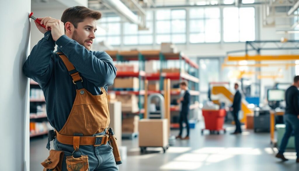 A bustling commercial environment featuring a handyman service in action. In the foreground, a handyman wearing a professional uniform, equipped with tools, is fixing a wall in an office space. In the middle ground, various settings are visible, including a modern retail store with shelves and displays, a warehouse filled with organizational shelving, and a light industrial site with machinery. The background showcases a bright, well-lit office with large windows allowing natural light to flood the space, creating a warm and inviting atmosphere. The scene captures a sense of professionalism and teamwork, illustrating the diverse range of handyman services offered. Use natural lighting with a slight warm tone, and frame the image at eye level to enhance engagement and depth. A bustling commercial environment featuring a handyman service in action. In the foreground, a handyman wearing a professional uniform, equipped with tools, is fixing a wall in an office space. In the middle ground, various settings are visible, including a modern retail store with shelves and displays, a warehouse filled with organizational shelving, and a light industrial site with machinery. The background showcases a bright, well-lit office with large windows allowing natural light to flood the space, creating a warm and inviting atmosphere. The scene captures a sense of professionalism and teamwork, illustrating the diverse range of handyman services offered. Use natural lighting with a slight warm tone, and frame the image at eye level to enhance engagement and depth.