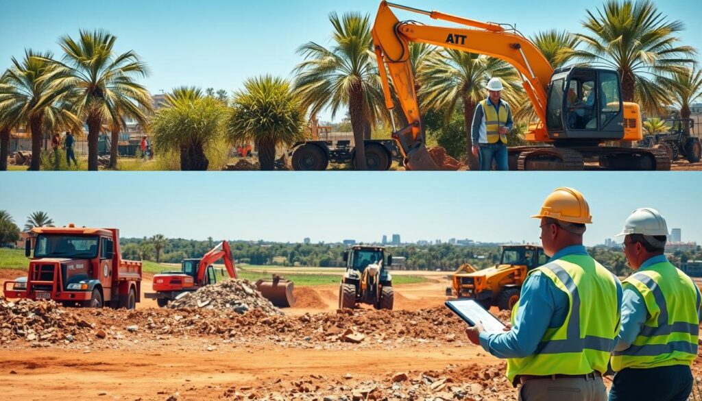A bustling commercial site clearing operation in Pretoria, showcasing a mix of heavy machinery such as bulldozers, excavators, and dump trucks actively clearing bush and rubble. In the foreground, a professional team in hard hats and safety vests carefully coordinates the work, using tablets and blueprints to manage timelines and project flow. The middle ground features a landscape of freshly cleared land, with piles of rubble and vegetation neatly organized for removal. In the background, a clear blue sky contrasts with the vibrant green palms typical of Pretoria, while distant buildings hint at urban development. The scene is illuminated by warm sunlight, creating an energetic and focused atmosphere, captured from a slightly elevated angle to emphasize the scale of the operation and the teamwork involved. A bustling commercial site clearing operation in Pretoria, showcasing a mix of heavy machinery such as bulldozers, excavators, and dump trucks actively clearing bush and rubble. In the foreground, a professional team in hard hats and safety vests carefully coordinates the work, using tablets and blueprints to manage timelines and project flow. The middle ground features a landscape of freshly cleared land, with piles of rubble and vegetation neatly organized for removal. In the background, a clear blue sky contrasts with the vibrant green palms typical of Pretoria, while distant buildings hint at urban development. The scene is illuminated by warm sunlight, creating an energetic and focused atmosphere, captured from a slightly elevated angle to emphasize the scale of the operation and the teamwork involved.