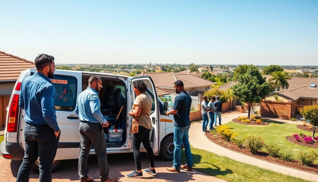 A bustling scene depicting a handyman mobile repair team in Noordwyk, Midrand. In the foreground, a diverse group of three professionals, dressed in smart casual attire, are working together around a clearly marked service van filled with tools. The middle ground showcases residential homes and well-maintained gardens, representative of the Noordwyk neighborhood, with a few customers receiving assistance from the team. In the background, the typical suburban landscape of Midrand can be seen, complete with trees and distant buildings under a clear blue sky, providing a warm and inviting atmosphere. The lighting is bright and natural, emphasizing the daytime setting. The perspective is slightly angled, capturing both the team’s interaction and the inviting neighborhood vibe. A bustling scene depicting a handyman mobile repair team in Noordwyk, Midrand. In the foreground, a diverse group of three professionals, dressed in smart casual attire, are working together around a clearly marked service van filled with tools. The middle ground showcases residential homes and well-maintained gardens, representative of the Noordwyk neighborhood, with a few customers receiving assistance from the team. In the background, the typical suburban landscape of Midrand can be seen, complete with trees and distant buildings under a clear blue sky, providing a warm and inviting atmosphere. The lighting is bright and natural, emphasizing the daytime setting. The perspective is slightly angled, capturing both the team’s interaction and the inviting neighborhood vibe.