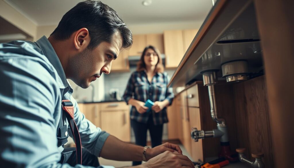 A bustling scene depicting a handyman responding urgently to a home repair in the Midrand area. In the foreground, a focused handyman in professional attire is inspecting a plumbing issue beneath a kitchen sink, tools scattered around. In the middle ground, a concerned homeowner looks on, emphasizing the urgency of the situation. The background features a cozy kitchen with modern appliances, showing signs of wear that necessitate immediate attention. The lighting is bright and warm, suggesting a sunny day, with window light illuminating the scene. The angle captures both the handyman's concentrated expression and the home setting, creating a mood of urgency and professionalism, inviting viewers into the emergency repair scenario. A bustling scene depicting a handyman responding urgently to a home repair in the Midrand area. In the foreground, a focused handyman in professional attire is inspecting a plumbing issue beneath a kitchen sink, tools scattered around. In the middle ground, a concerned homeowner looks on, emphasizing the urgency of the situation. The background features a cozy kitchen with modern appliances, showing signs of wear that necessitate immediate attention. The lighting is bright and warm, suggesting a sunny day, with window light illuminating the scene. The angle captures both the handyman's concentrated expression and the home setting, creating a mood of urgency and professionalism, inviting viewers into the emergency repair scenario.