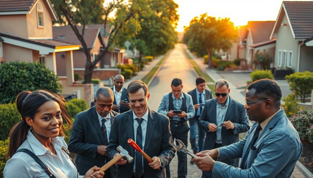A bustling scene depicting a local handyman service team actively engaged in a variety of repair tasks in a residential neighborhood in Vereeniging, Gauteng. In the foreground, a diverse team of professional individuals, dressed in smart business attire, collaborates on home repairs, with tools like hammers and wrenches visible. In the middle ground, a charming street lined with well-kept homes and greenery reflects a welcoming atmosphere. The background showcases the sun setting, casting a warm golden light that envelops the scene, creating a sense of community and reliability. Use a wide-angle lens to capture the entirety of the environment, portraying a sense of professionalism, teamwork, and local engagement in home repairs. A bustling scene depicting a local handyman service team actively engaged in a variety of repair tasks in a residential neighborhood in Vereeniging, Gauteng. In the foreground, a diverse team of professional individuals, dressed in smart business attire, collaborates on home repairs, with tools like hammers and wrenches visible. In the middle ground, a charming street lined with well-kept homes and greenery reflects a welcoming atmosphere. The background showcases the sun setting, casting a warm golden light that envelops the scene, creating a sense of community and reliability. Use a wide-angle lens to capture the entirety of the environment, portraying a sense of professionalism, teamwork, and local engagement in home repairs.