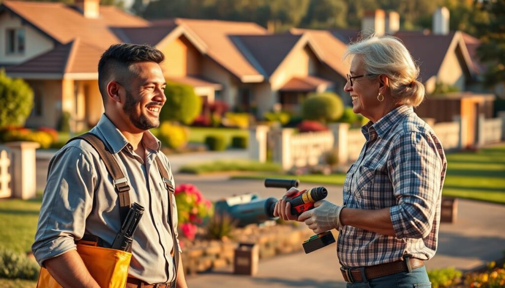 A bustling scene of a Midrand neighborhood showcasing local handyman services. In the foreground, a friendly handyman in professional attire, equipped with tools like a toolbox and drill, engages with a homeowner. Their expressions reflect collaboration and satisfaction. The middle ground features well-kept houses with vibrant gardens, symbolizing the diverse estates in Midrand. The background captures hints of iconic local landmarks, bathed in warm sunlight, creating a welcoming atmosphere. The lighting is natural, reflecting a late afternoon ambiance, with soft shadows enhancing the details of the scene. The composition is framed with a slight depth of field to emphasize the interaction while softly blurring the background, creating a sense of community and professionalism in handyman services. A bustling scene of a Midrand neighborhood showcasing local handyman services. In the foreground, a friendly handyman in professional attire, equipped with tools like a toolbox and drill, engages with a homeowner. Their expressions reflect collaboration and satisfaction. The middle ground features well-kept houses with vibrant gardens, symbolizing the diverse estates in Midrand. The background captures hints of iconic local landmarks, bathed in warm sunlight, creating a welcoming atmosphere. The lighting is natural, reflecting a late afternoon ambiance, with soft shadows enhancing the details of the scene. The composition is framed with a slight depth of field to emphasize the interaction while softly blurring the background, creating a sense of community and professionalism in handyman services.