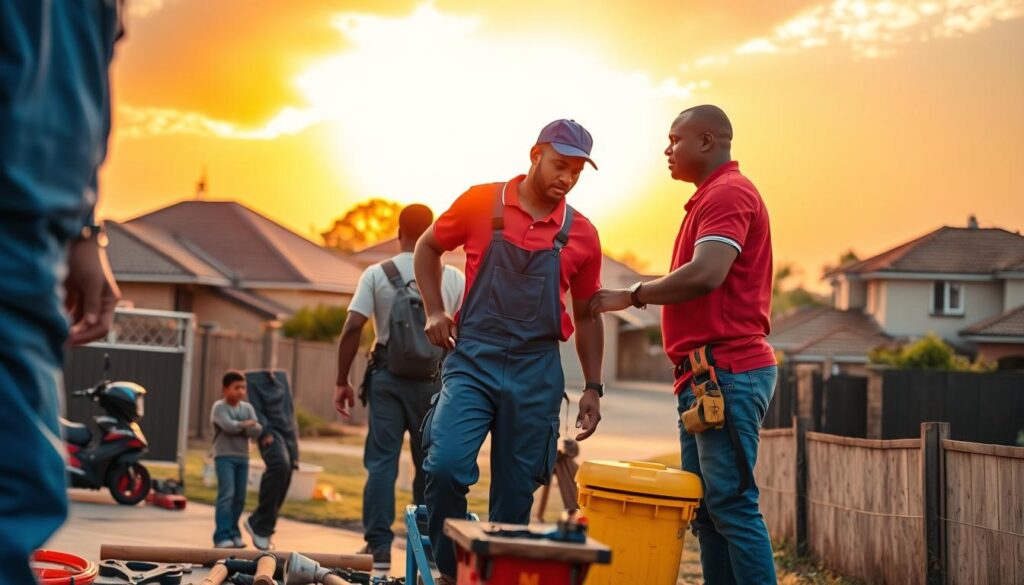 A bustling scene of an emergency handyman response team in Lenasia, Johannesburg South. In the foreground, a diverse duo of professional handymen, one wearing a blue jumpsuit and the other in a red polo, are assisting a distressed homeowner. They are surrounded by essential tools and equipment, reflecting urgency. The middle ground features a residential area, with houses showing signs of minor maintenance issues, like leaky roofs or broken fences, to emphasize the need for rapid repair. In the background, a dramatic sunset casts warm, golden light over the scene, creating an atmosphere of hope and urgency. The angle is slightly low, making the handymen appear heroic as they work diligently. The overall mood is proactive and solutions-oriented, showcasing community support in times of need. A bustling scene of an emergency handyman response team in Lenasia, Johannesburg South. In the foreground, a diverse duo of professional handymen, one wearing a blue jumpsuit and the other in a red polo, are assisting a distressed homeowner. They are surrounded by essential tools and equipment, reflecting urgency. The middle ground features a residential area, with houses showing signs of minor maintenance issues, like leaky roofs or broken fences, to emphasize the need for rapid repair. In the background, a dramatic sunset casts warm, golden light over the scene, creating an atmosphere of hope and urgency. The angle is slightly low, making the handymen appear heroic as they work diligently. The overall mood is proactive and solutions-oriented, showcasing community support in times of need.
